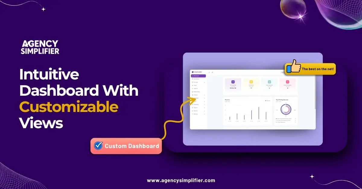 Customizable agency dashboard in AgencySimplifier for tracking projects and key metrics. 