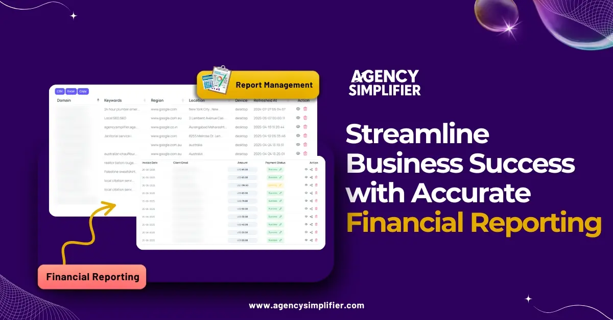 Financial reporting dashboard in AgencySimplifier for tracking revenue, expenses, and invoices. 
