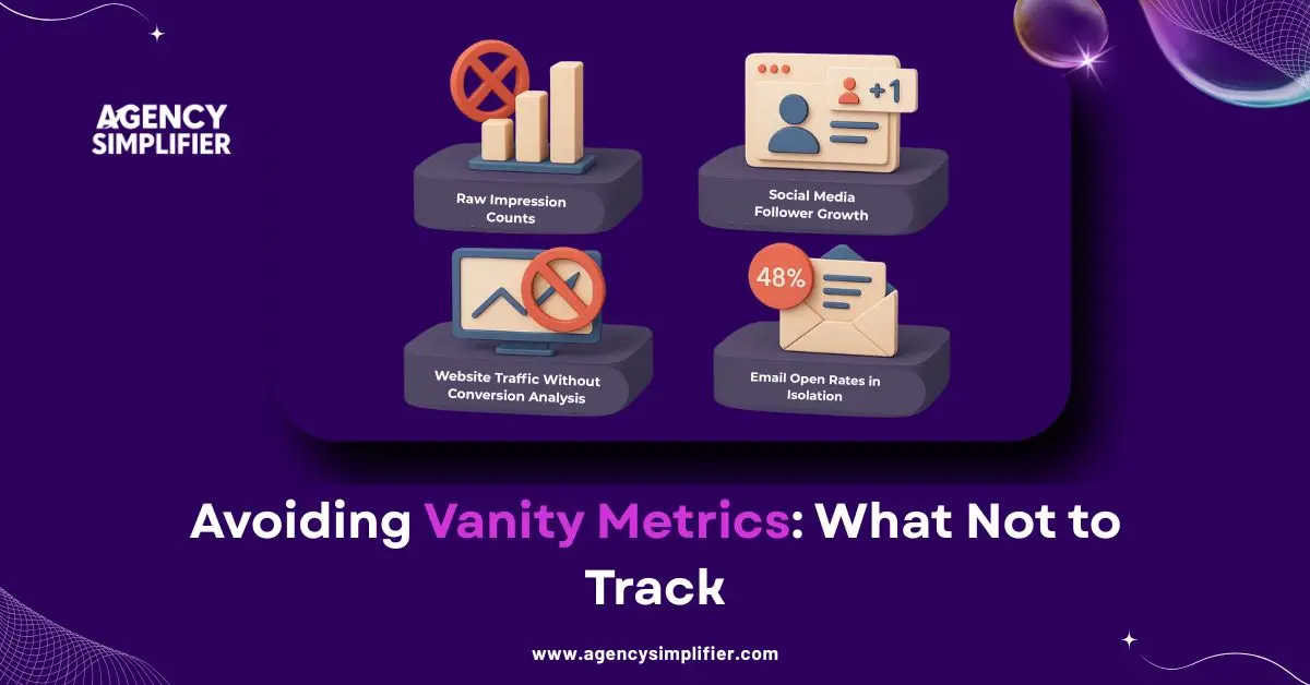 Vanity metrics agencies should avoid tracking—raw impressions, follower growth, website traffic without conversions, and email open rates in isolation