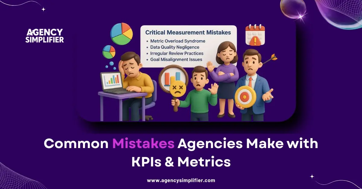 Common Mistakes Agencies Make with KPIs & Metrics,” outlining four major measurement errors—metric overload, data quality issues, irregular reviews, and goal misalignment—followed by strategies for avoiding each mistake.