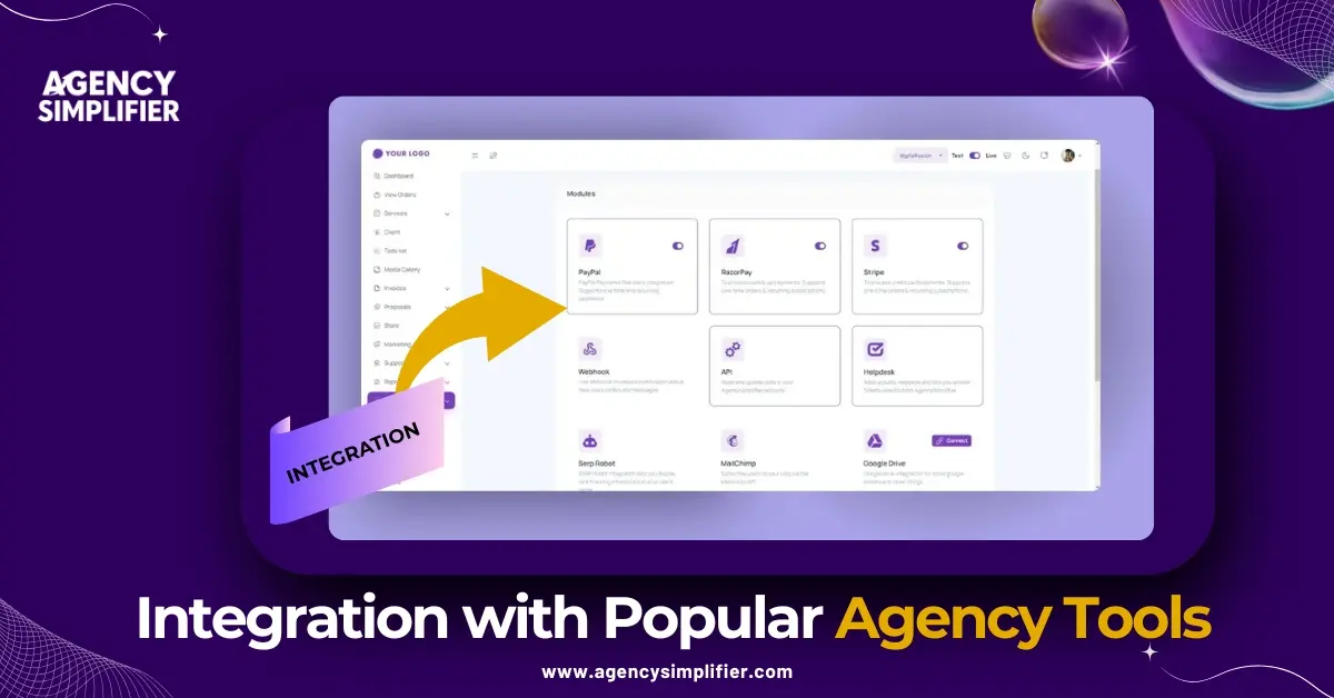 Integrations with Google Drive, PayPal, Stripe, Razorpay, SERPBot, and Value SERP for streamlined agency operations