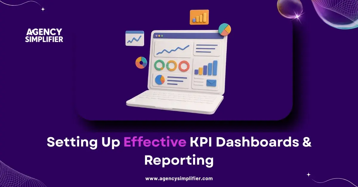 Illustration of KPI dashboard setup for agencies with charts, graphs, and analytics to support effective KPI reporting and performance tracking