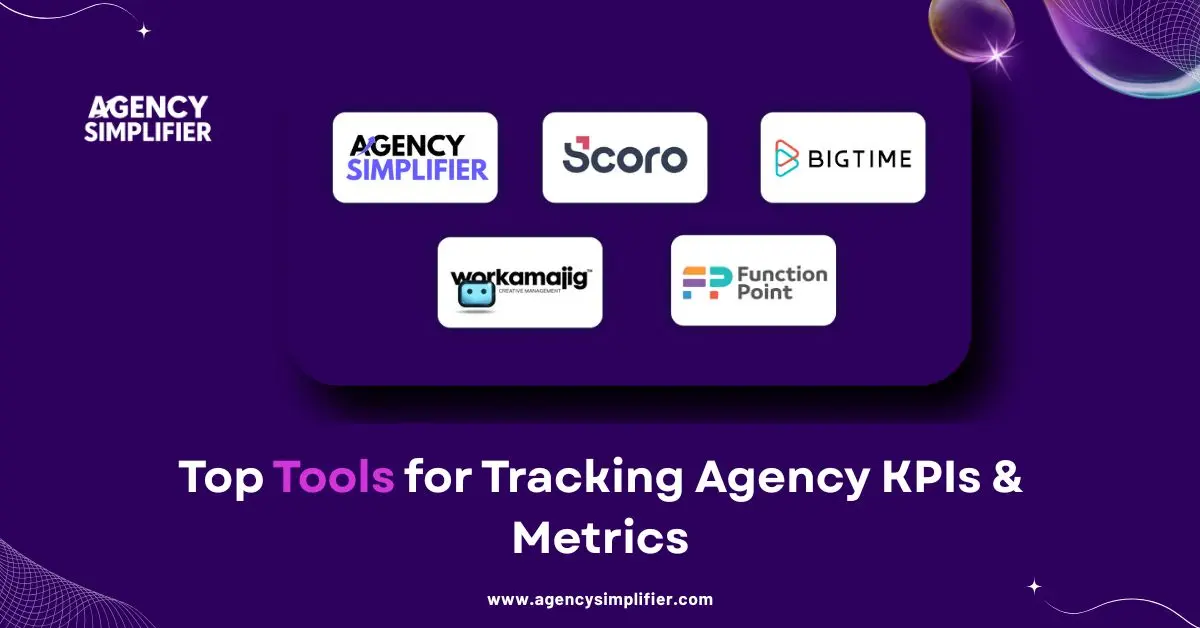 Top KPI tools: Agency Simplifier, Scoro, BigTime, Workamajig, and Function Point—each supports reporting and agency performance tracking.