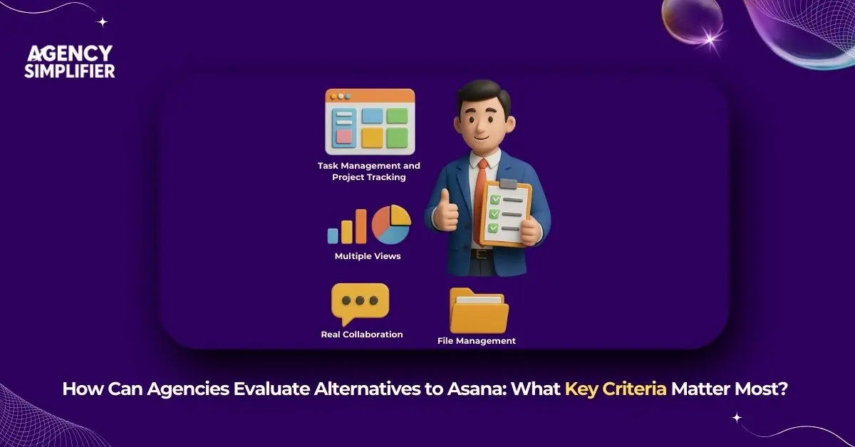 Evaluation checklist showing key criteria for selecting Asana alternatives including features, pricing, integrations, and scalability factors