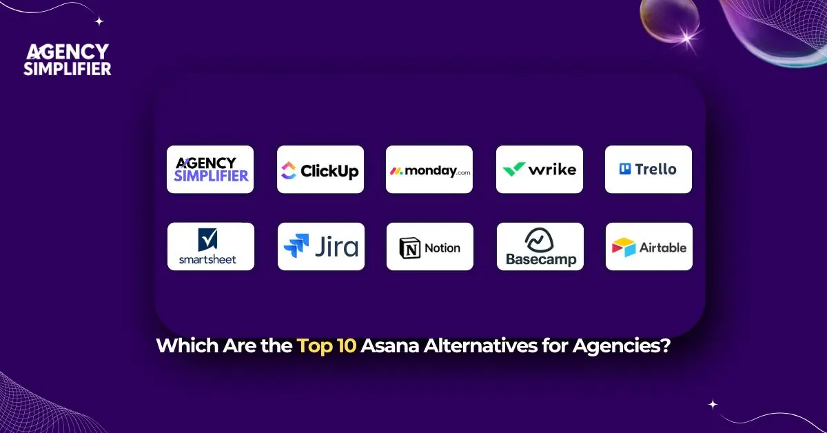 Detailed comparison table of 10 best Asana alternatives showing features, pricing, client portals, time tracking, and suitability for different agency types